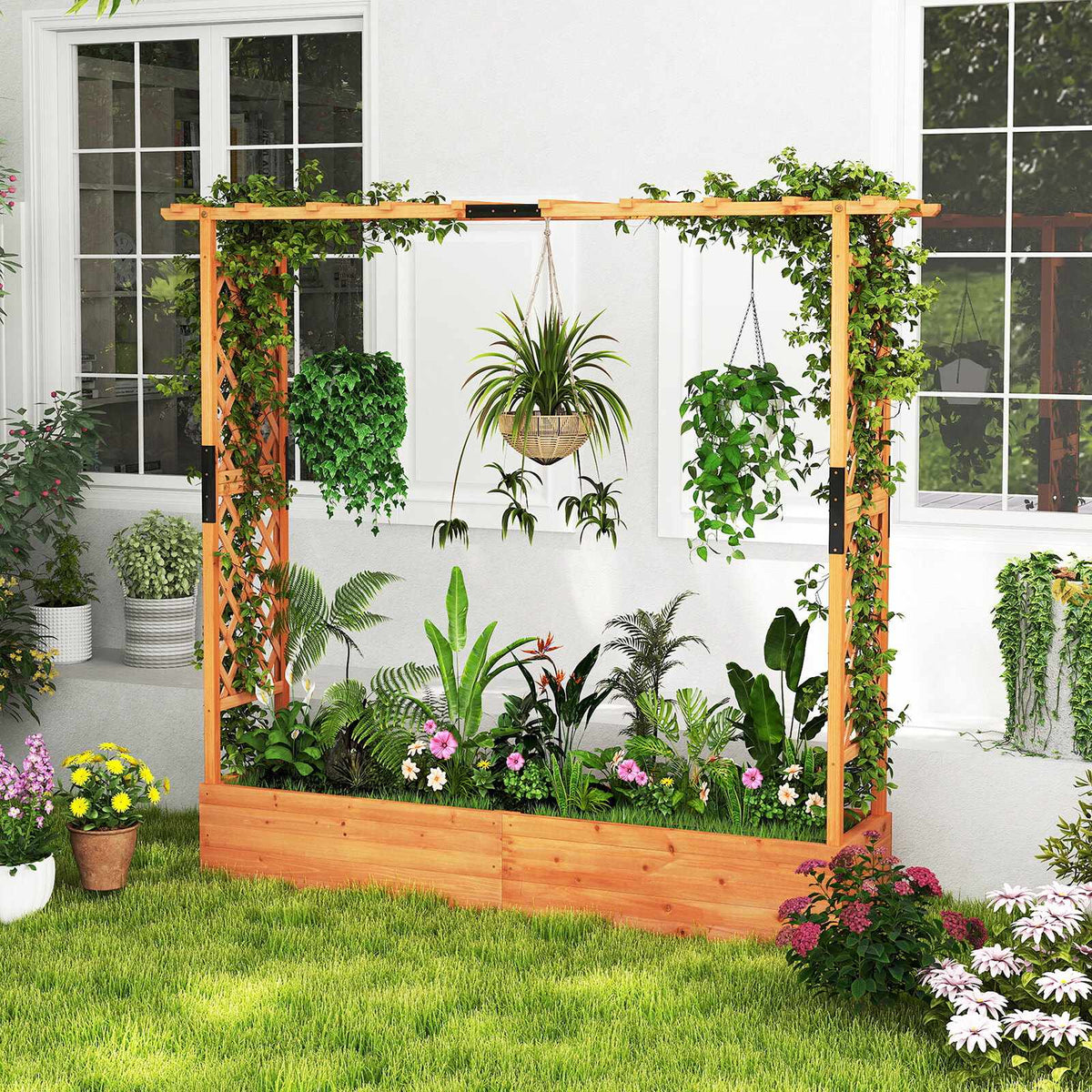 Fir Wood Planter Box with Trellis and Roof, Orange