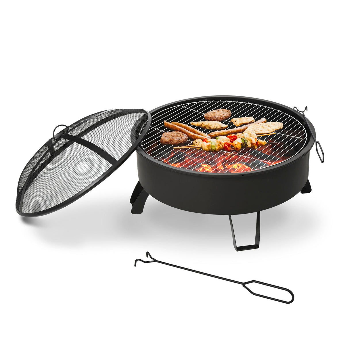 Fire Bowl 2-In-1 Fire Basket With Spark Guard & Grill Grate, Garden Bbq, Black, Ø76X49.5H Cm