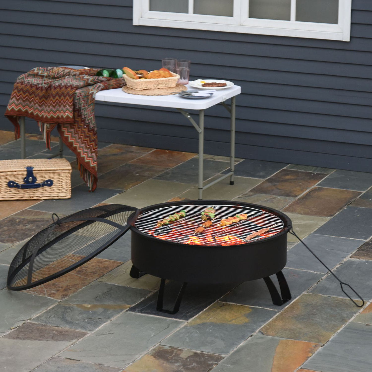 Fire Bowl 2-In-1 Fire Basket With Spark Guard & Grill Grate, Garden Bbq, Black, Ø76X49.5H Cm