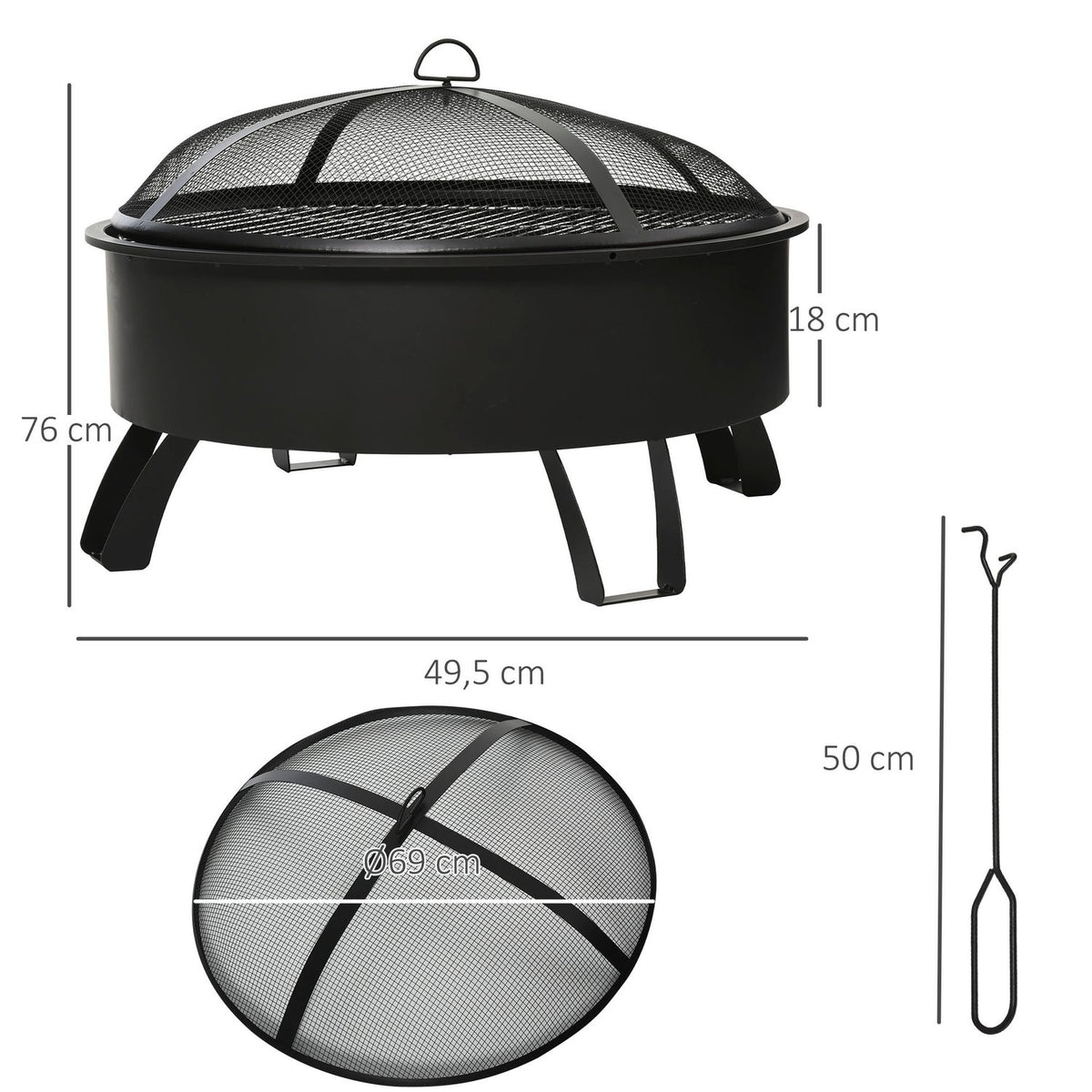 Fire Bowl 2-In-1 Fire Basket With Spark Guard & Grill Grate, Garden Bbq, Black, Ø76X49.5H Cm