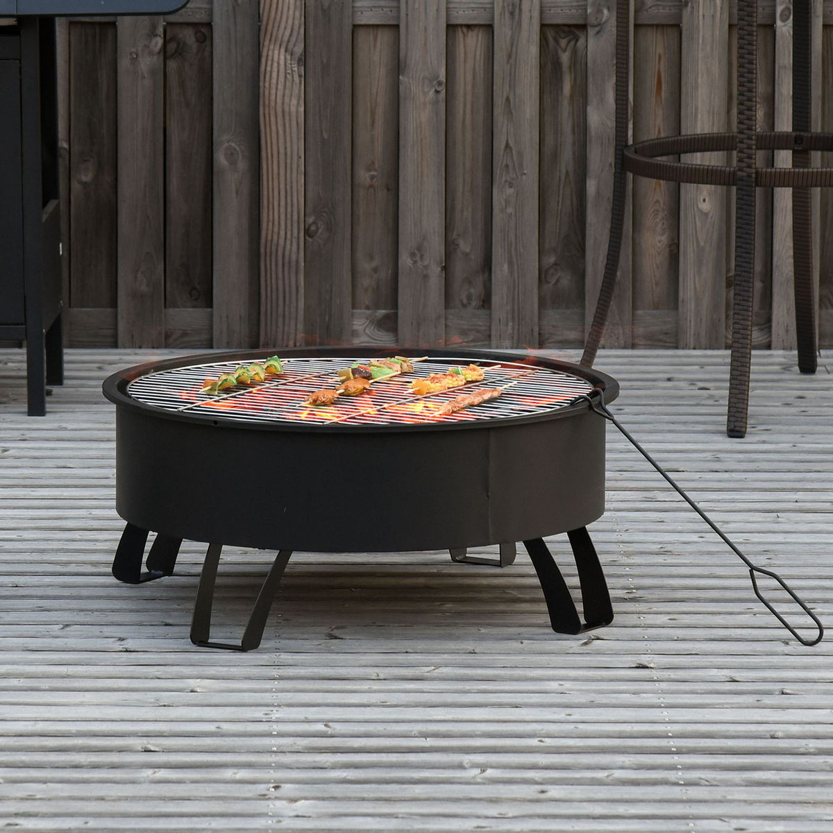 Fire Bowl 2-In-1 Fire Basket With Spark Guard & Grill Grate, Garden Bbq, Black, Ø76X49.5H Cm