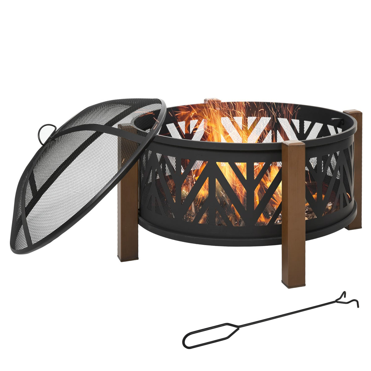 Fire Bowl 2-In-1 Fire Basket With Spark Guard & Grill Grate, Garden Bbq, Black+Brown, Ф78X60H Cm
