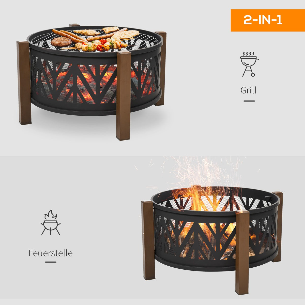 Fire Bowl 2-In-1 Fire Basket With Spark Guard & Grill Grate, Garden Bbq, Black+Brown, Ф78X60H Cm