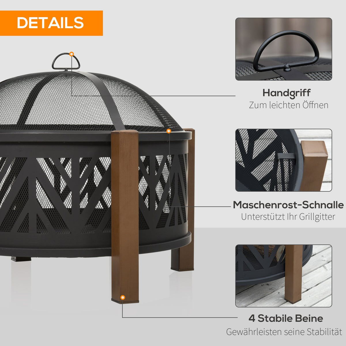 Fire Bowl 2-In-1 Fire Basket With Spark Guard & Grill Grate, Garden Bbq, Black+Brown, Ф78X60H Cm