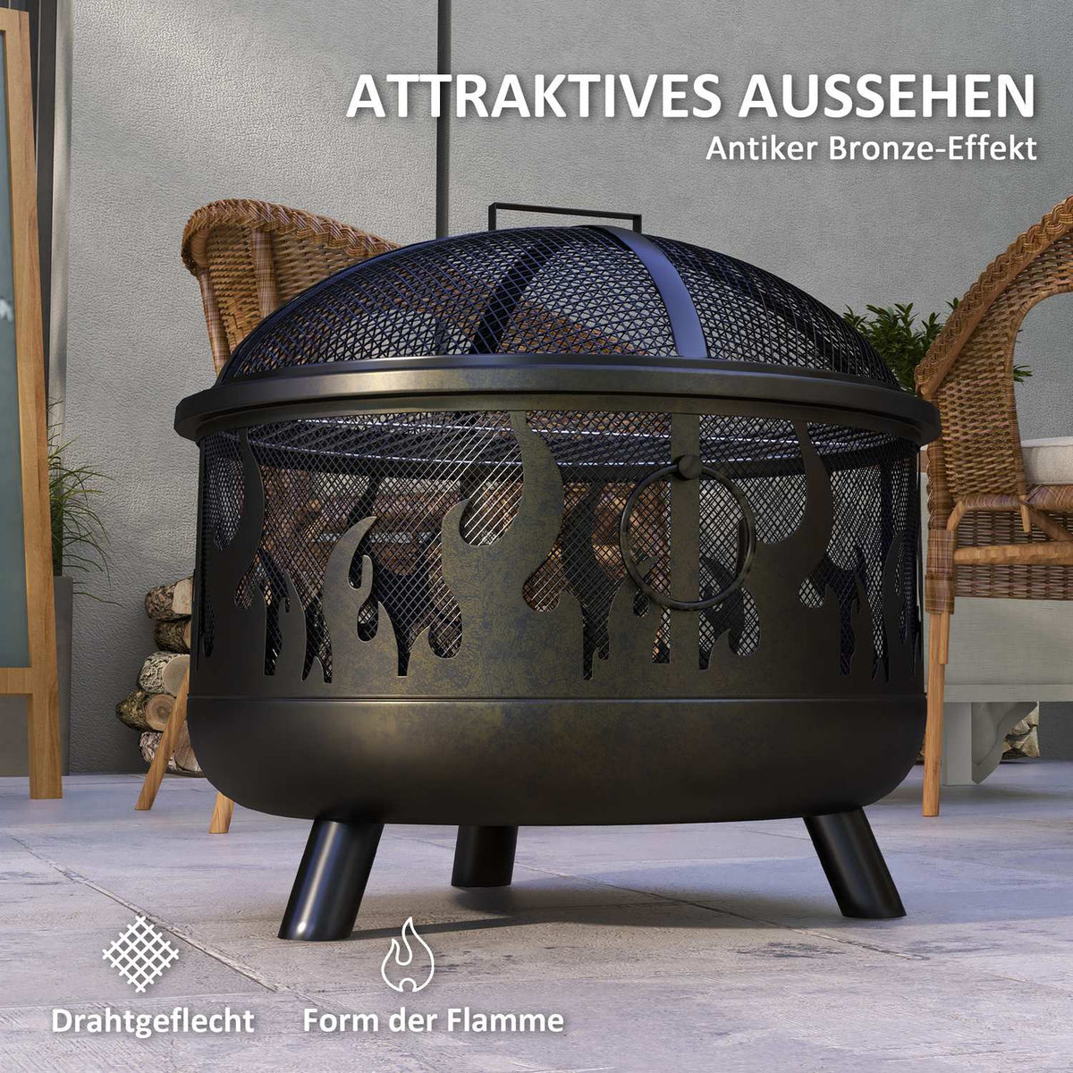 Fire Bowl 2-In-1 Fire Basket With Spark Protection & Grill Grate, For Garden Bbq, Metal, Black, Ø61X55Cm