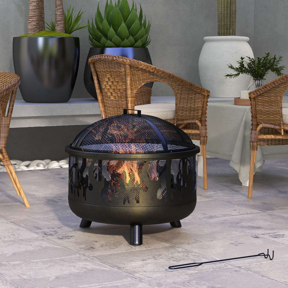 Fire Bowl 2-In-1 Fire Basket With Spark Protection & Grill Grate, For Garden Bbq, Metal, Black, Ø61X55Cm