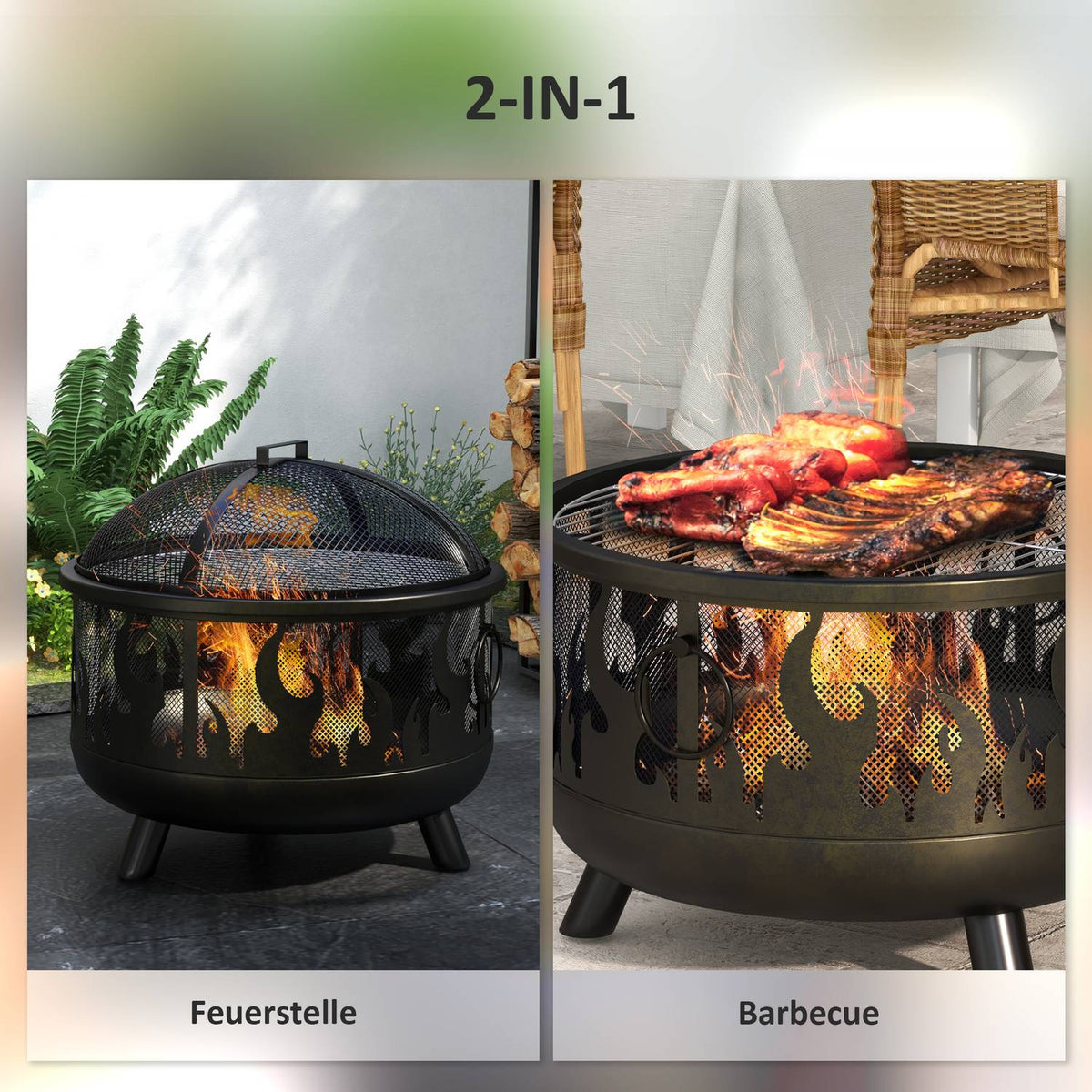 Fire Bowl 2-In-1 Fire Basket With Spark Protection & Grill Grate, For Garden Bbq, Metal, Black, Ø61X55Cm