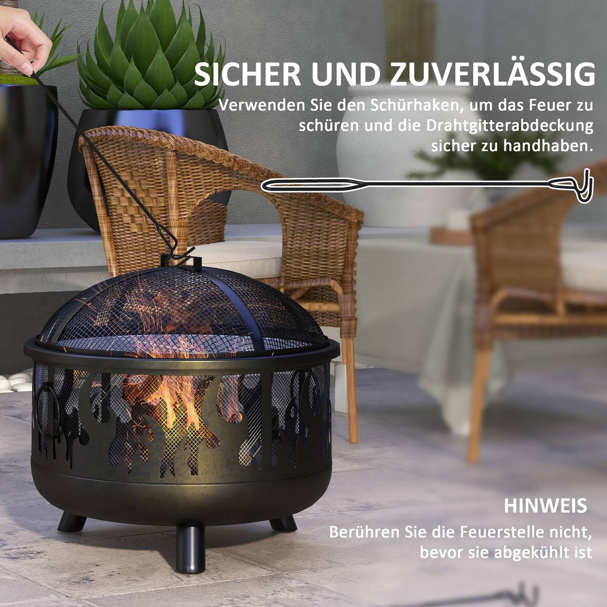 Fire Bowl 2-In-1 Fire Basket With Spark Protection & Grill Grate, For Garden Bbq, Metal, Black, Ø61X55Cm