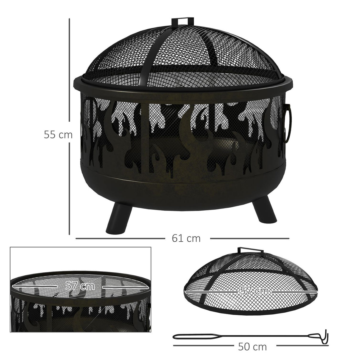 Fire Bowl 2-In-1 Fire Basket With Spark Protection & Grill Grate, For Garden Bbq, Metal, Black, Ø61X55Cm