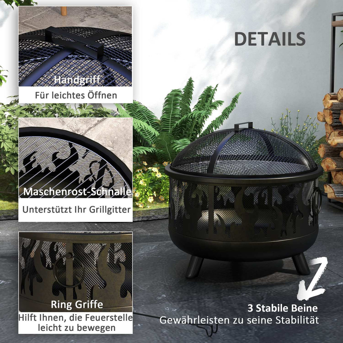 Fire Bowl 2-In-1 Fire Basket With Spark Protection & Grill Grate, For Garden Bbq, Metal, Black, Ø61X55Cm