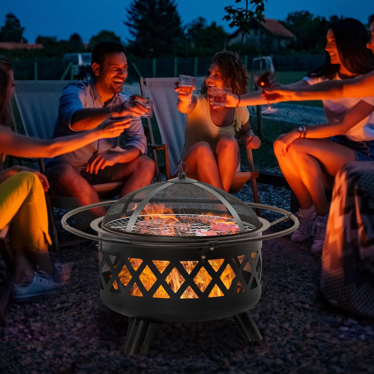 Fire Bowl 2-In-1 Fire Basket With Spark Protection Grill Net Ø82 Cm Fire Pit For Heating Bbq Grill Garden Patio Round Black