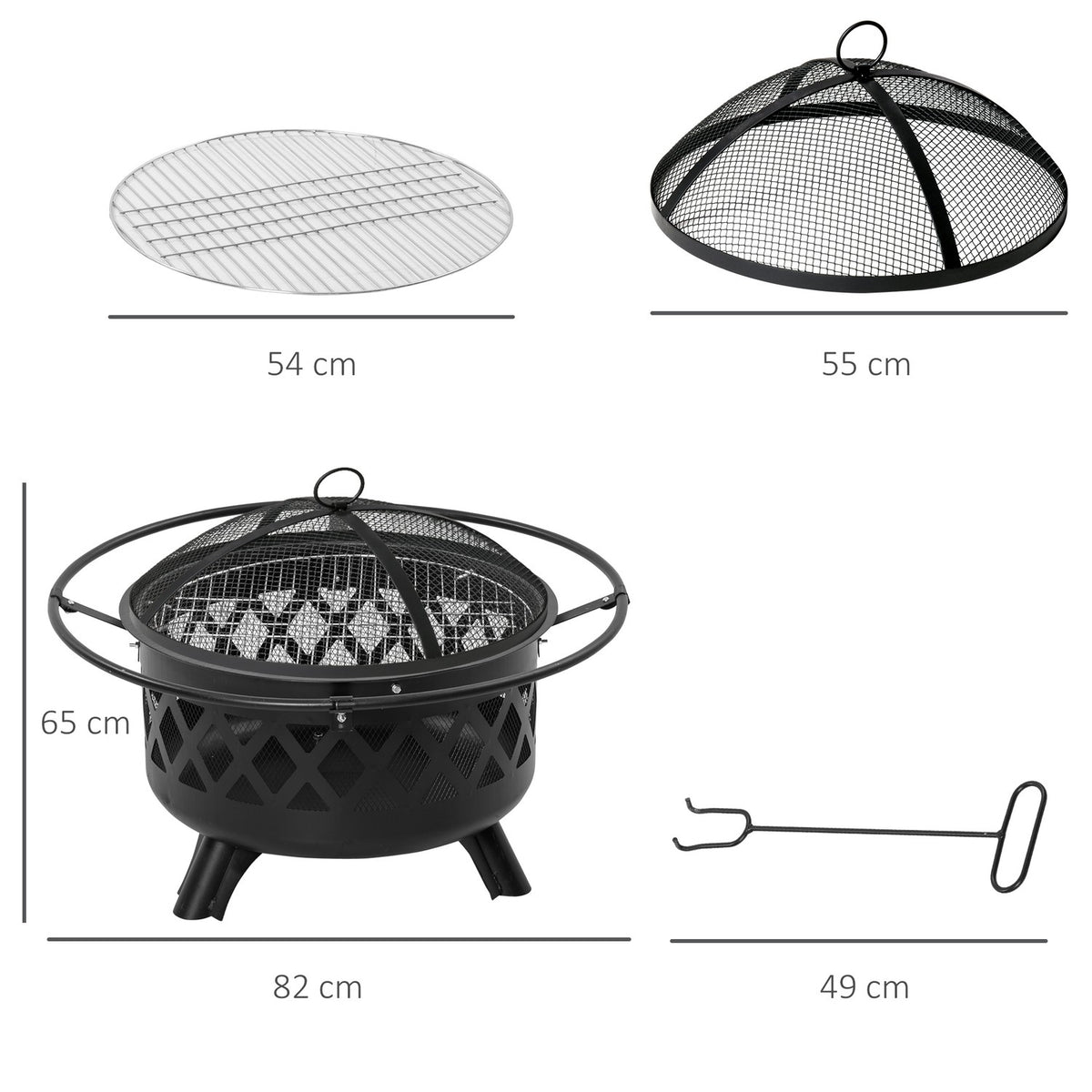 Fire Bowl 2-In-1 Fire Basket With Spark Protection Grill Net Ø82 Cm Fire Pit For Heating Bbq Grill Garden Patio Round Black