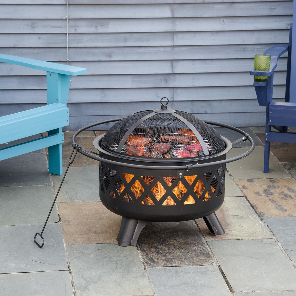 Fire Bowl 2-In-1 Fire Basket With Spark Protection Grill Net Ø82 Cm Fire Pit For Heating Bbq Grill Garden Patio Round Black
