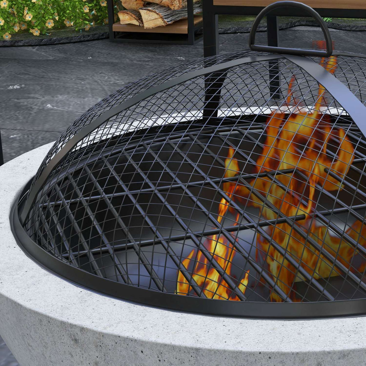 Fire Bowl 2-In-1 Fire Pit & Bbq Table Fire With Grill Grate, Cement Look, For Camping & Garden, Metal, Grey