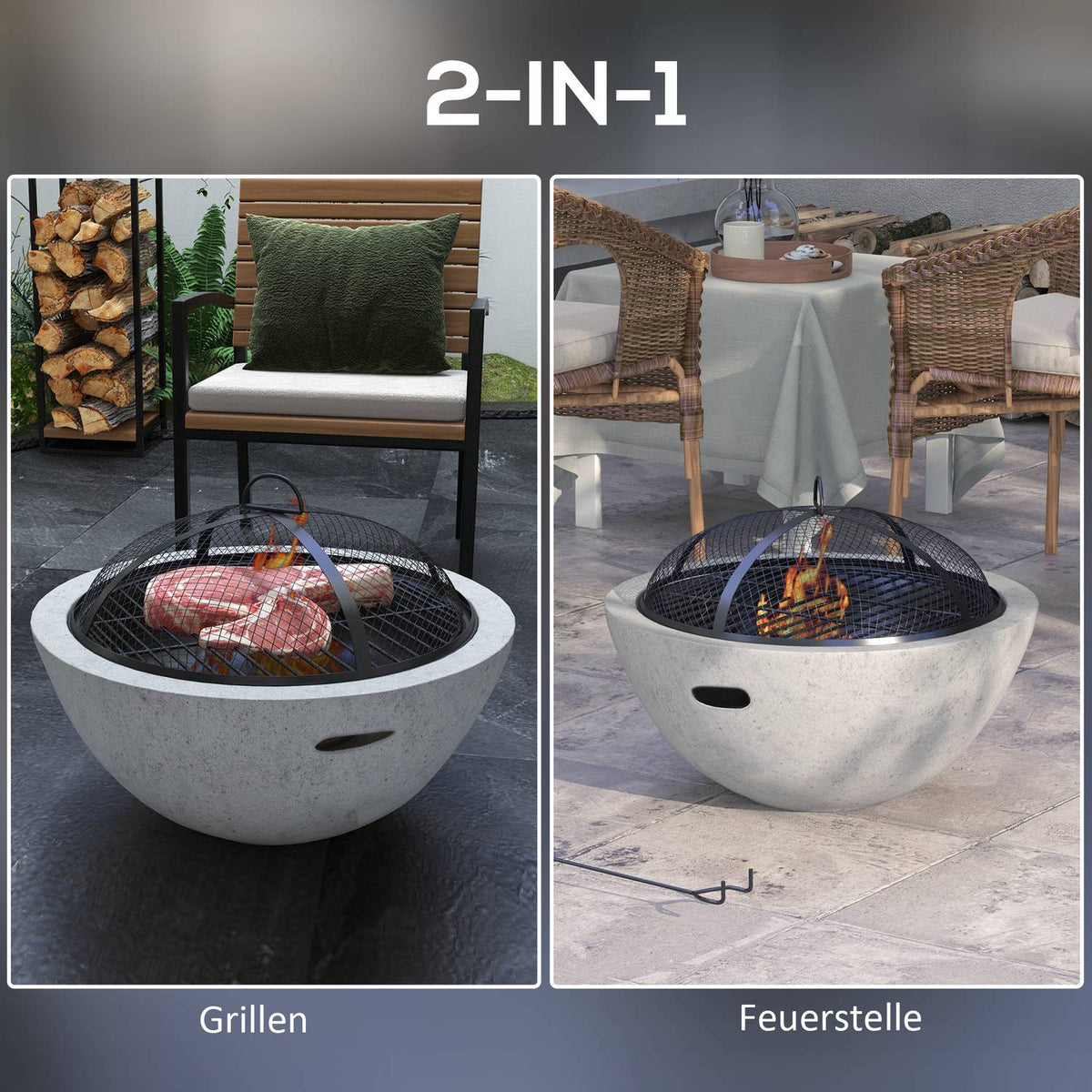 Fire Bowl 2-In-1 Fire Pit & Bbq Table Fire With Grill Grate, Cement Look, For Camping & Garden, Metal, Grey