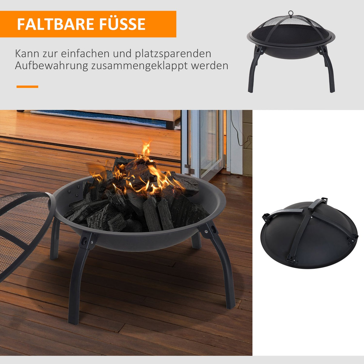 Fire Bowl Fire Basket, Fire Pit With Spark Protection, Foldable, Garden, Black, 55Cm, 70.5X70.5X40Cm