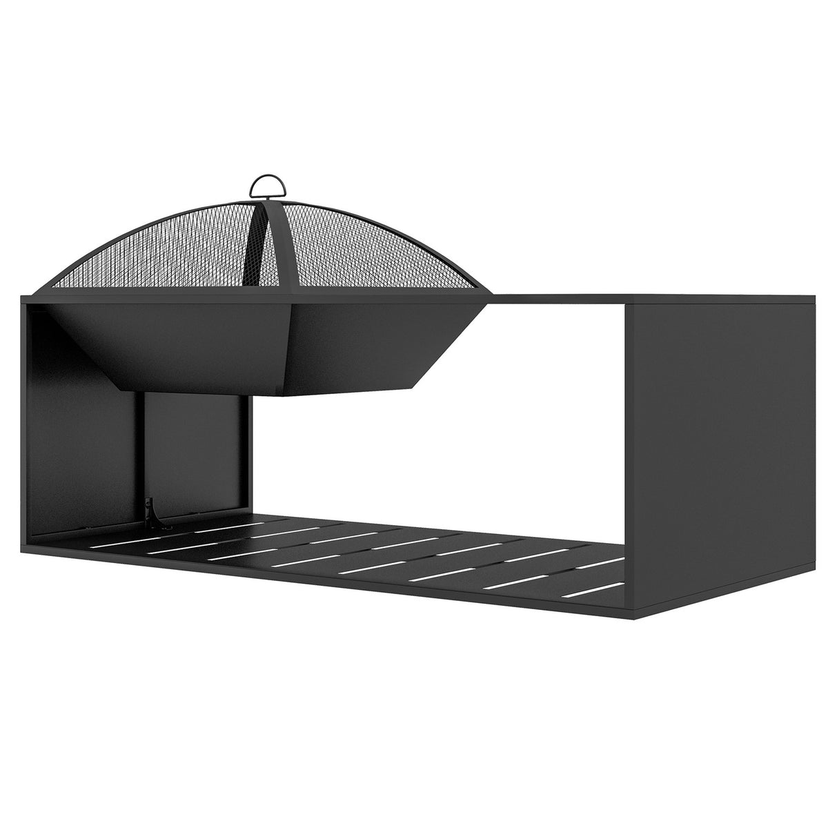 Fire Bowl Fire Basket With Spark Grille & Poker, Storage Compartment, Ideal For Garden & Patio, Metal, Black
