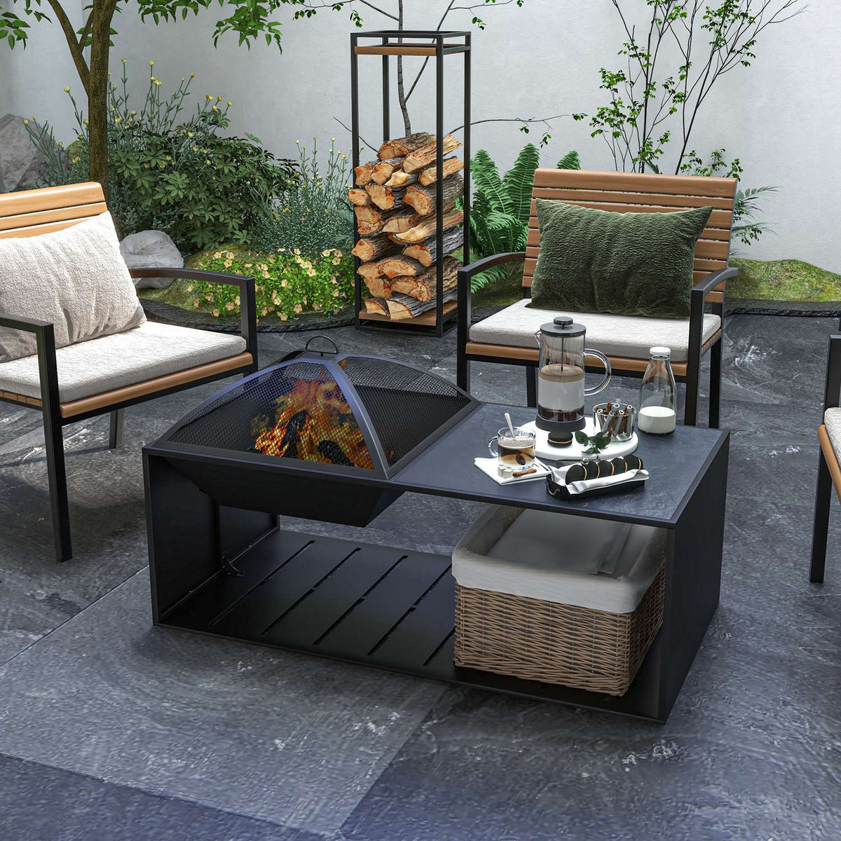 Fire Bowl Fire Basket With Spark Grille & Poker, Storage Compartment, Ideal For Garden & Patio, Metal, Black