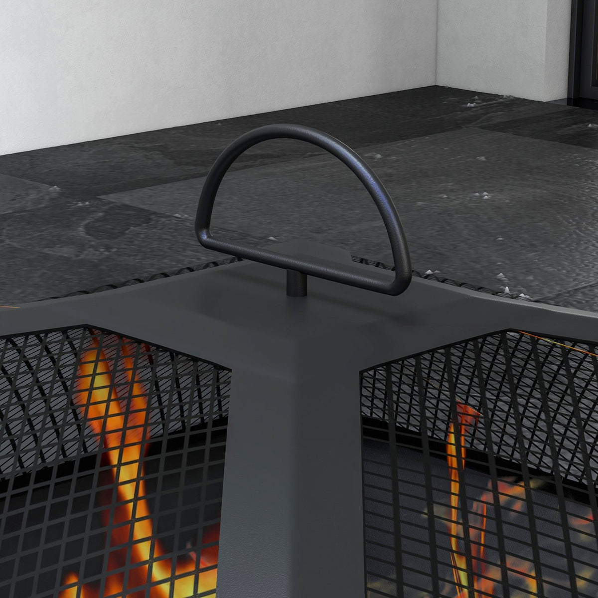 Fire Bowl Fire Basket With Spark Grille & Poker, Storage Compartment, Ideal For Garden & Patio, Metal, Black
