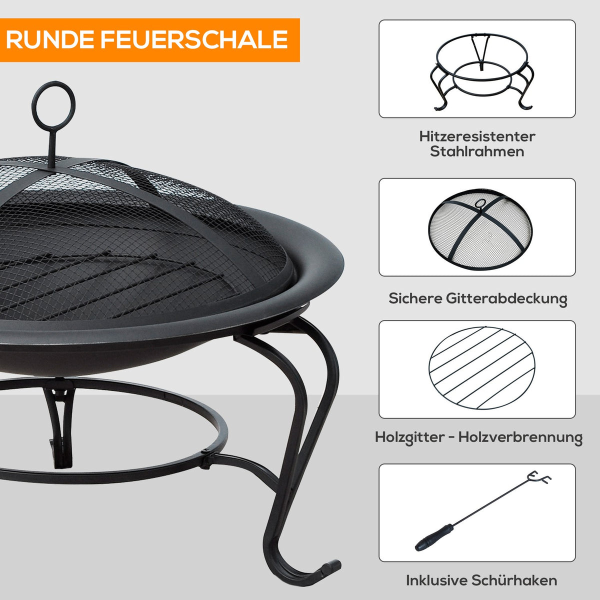 Fire Bowl Fire Pit & Fire Basket For Wood, Charcoal With Spark Guard, Garden, Black, 70.5X70.5X40Cm