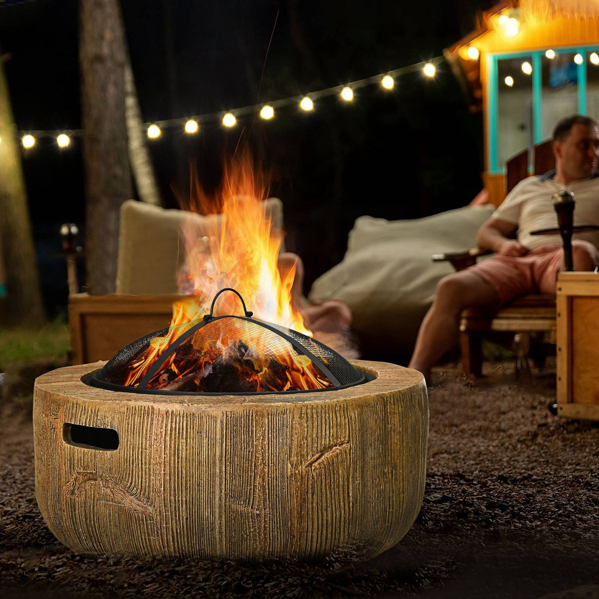 Fire Bowl Fire Pit With Lid Fire Basket With Poker Tree Stump Garden Camping Patio Steel Mgo Brown