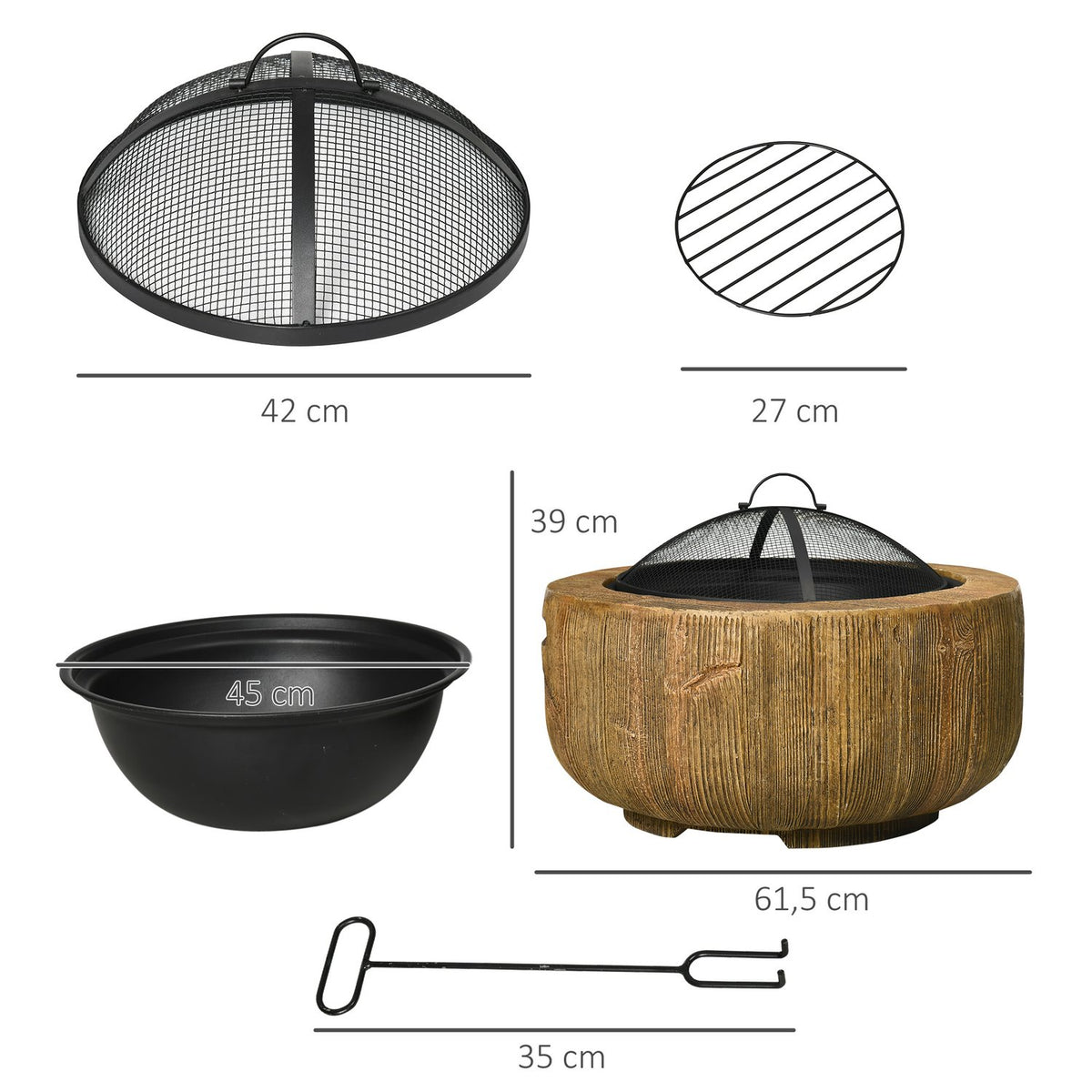 Fire Bowl Fire Pit With Lid Fire Basket With Poker Tree Stump Garden Camping Patio Steel Mgo Brown