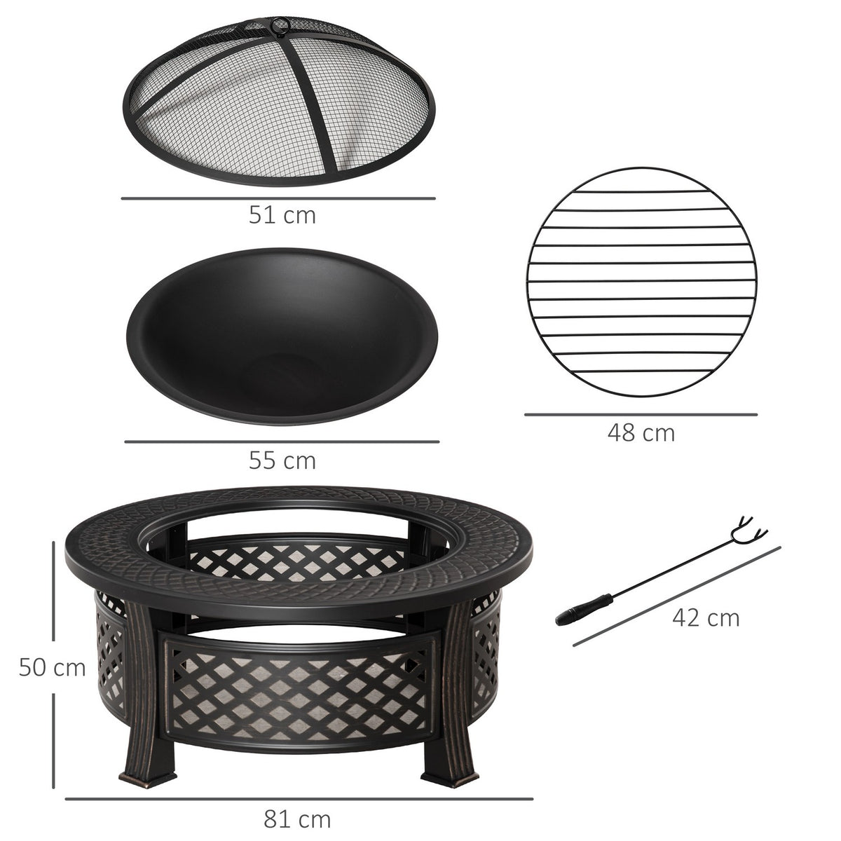 Fire Bowl Poker Spark Guard Fire Basket Fire Table Round Fire Pit Garden Camping Bbq Steel Black 81X81X50Cm