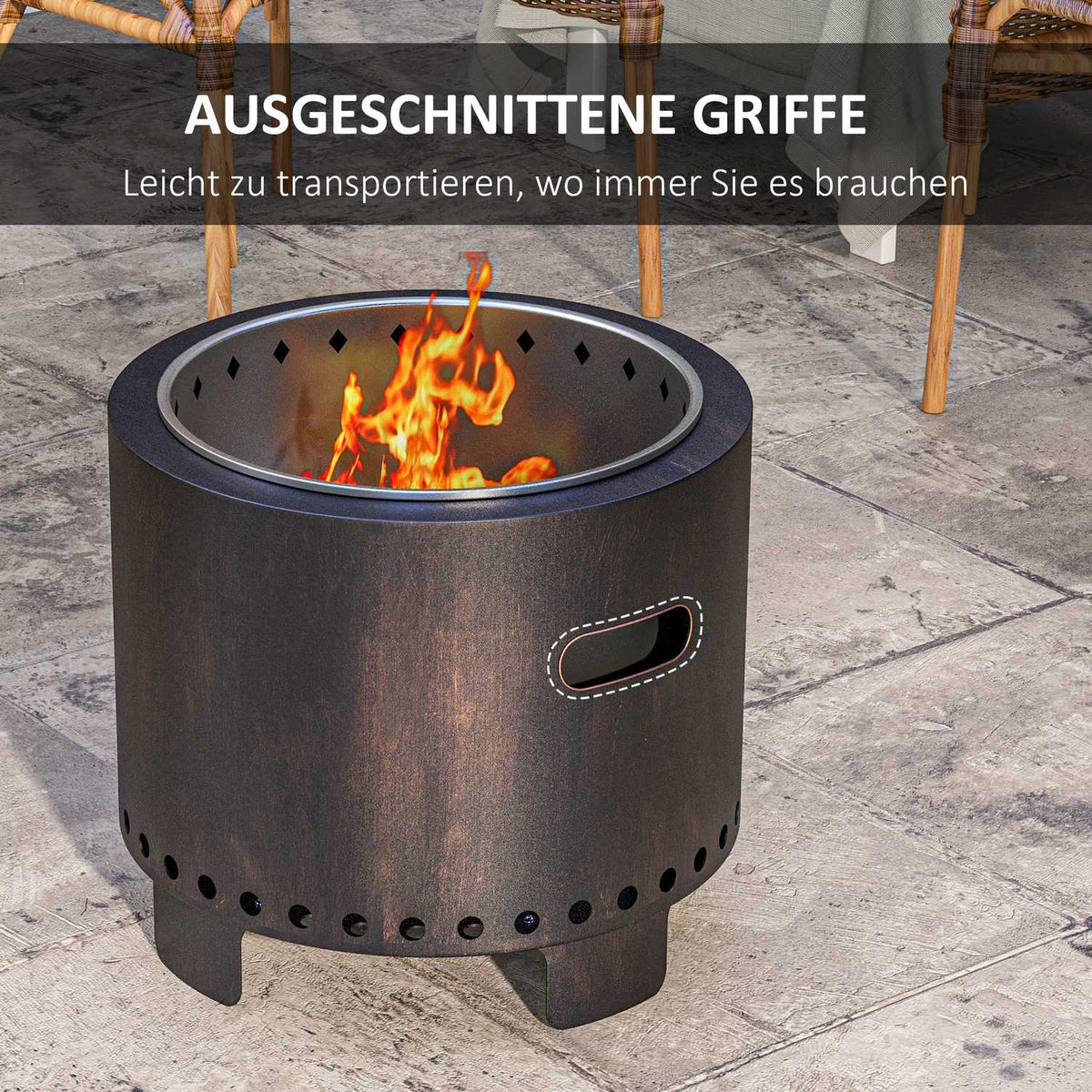 Fire Bowl Smokeless Table Fire Pit Ø45 Cm With Handle & Poker, Ideal For Garden & Camping, Metal, Black