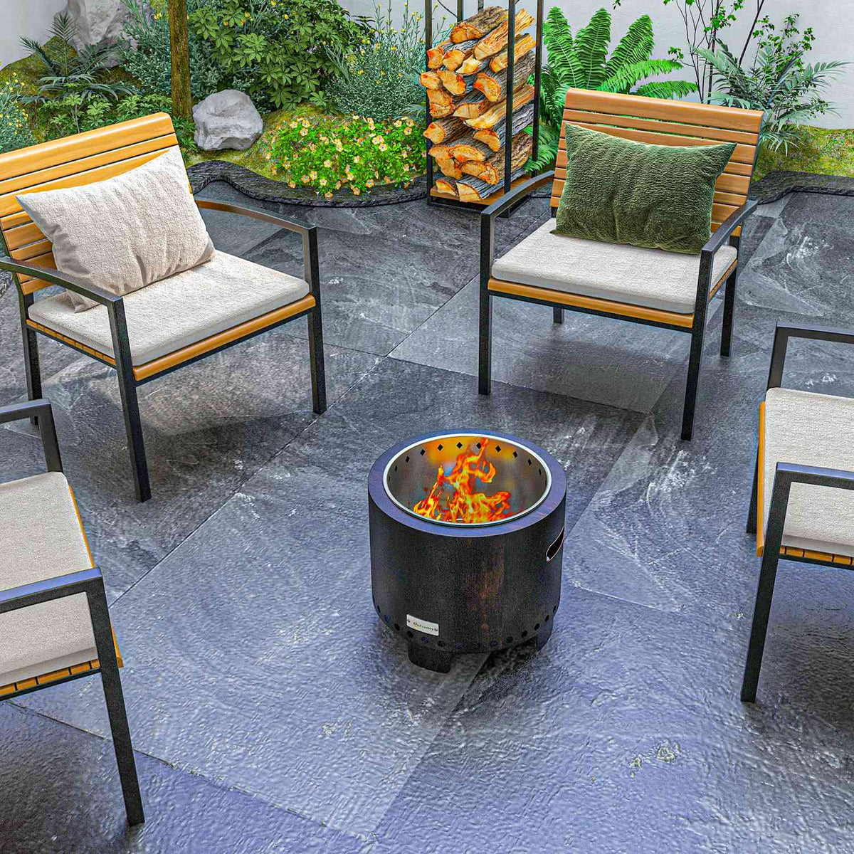 Fire Bowl Smokeless Table Fire Pit Ø45 Cm With Handle & Poker, Ideal For Garden & Camping, Metal, Black