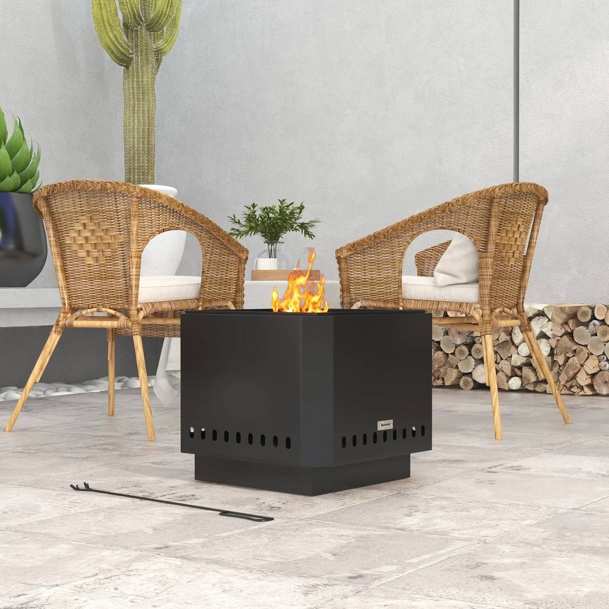 Fire Bowl Square Fire Pit Smokeless Fire Basket With Poker Table Fire For Garden Camping Patio Metal Black
