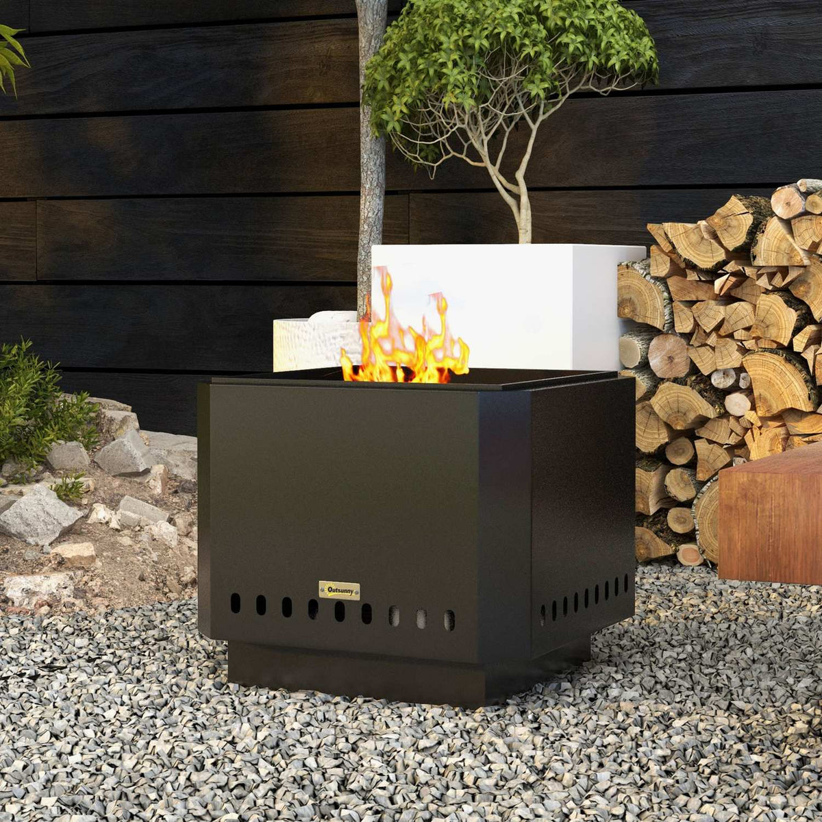Fire Bowl Square Fire Pit Smokeless Fire Basket With Poker Table Fire For Garden Camping Patio Metal Black
