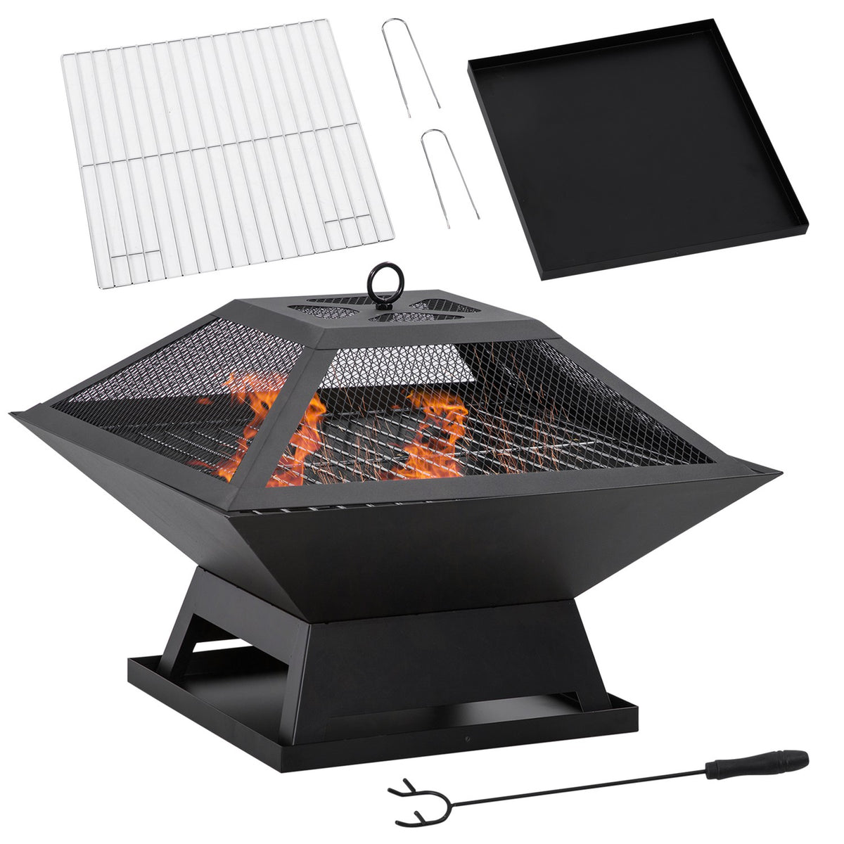 Fire Bowl With Grill Grate And Spark Guard Garden Fire Basket, Poker, Steel, Black, 45X45X34Cm