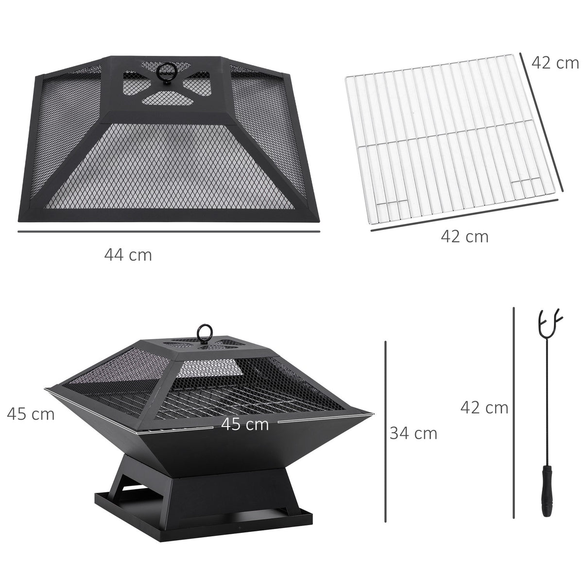 Fire Bowl With Grill Grate And Spark Guard Garden Fire Basket, Poker, Steel, Black, 45X45X34Cm
