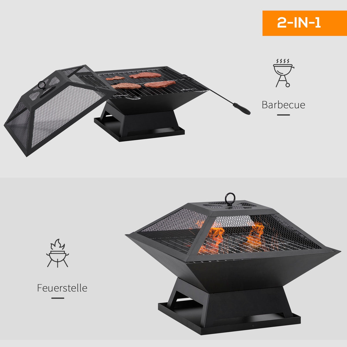 Fire Bowl With Grill Grate And Spark Guard Garden Fire Basket, Poker, Steel, Black, 45X45X34Cm