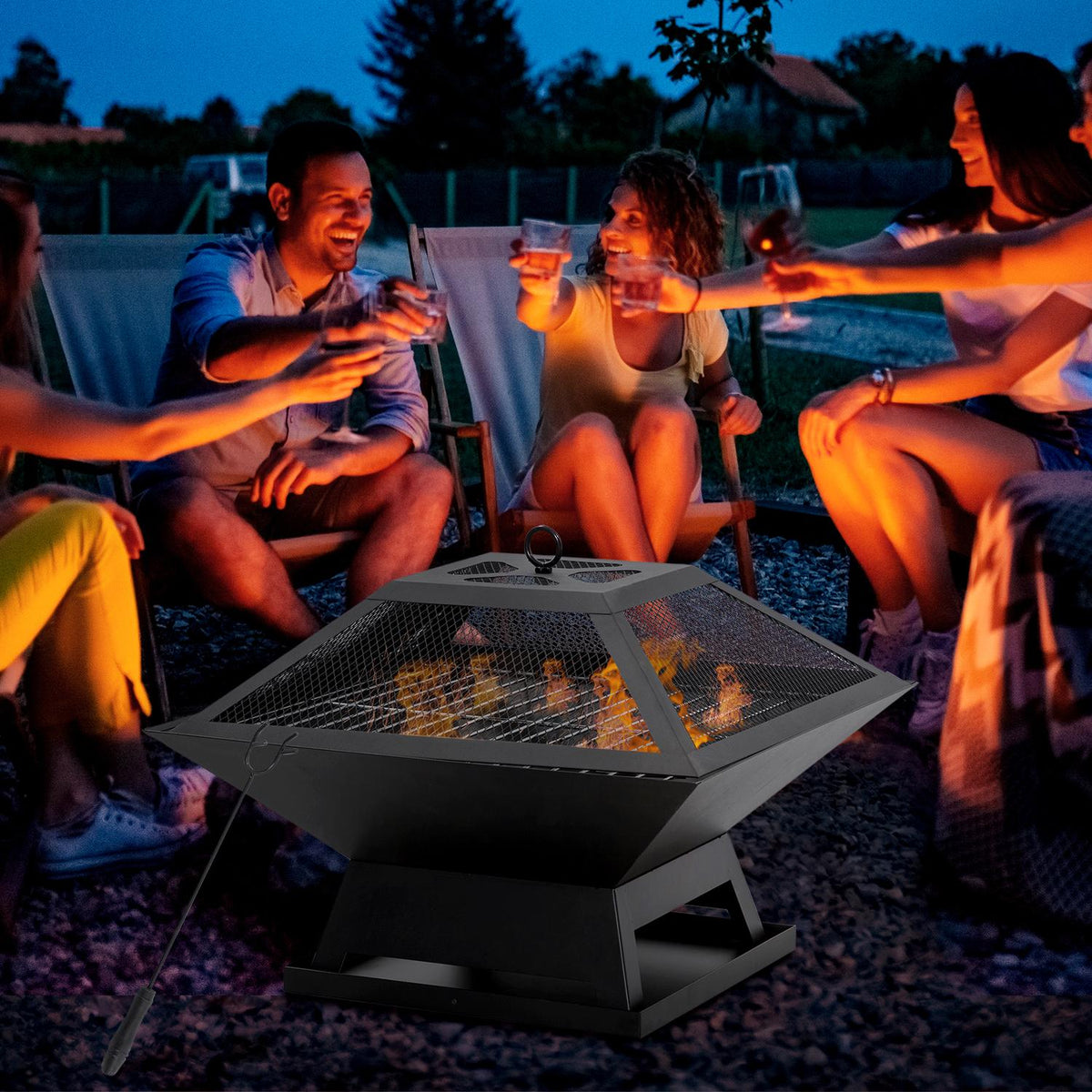 Fire Bowl With Grill Grate And Spark Guard Garden Fire Basket, Poker, Steel, Black, 45X45X34Cm