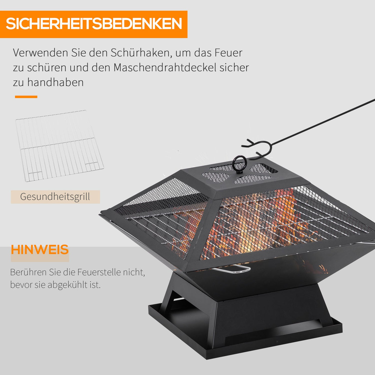 Fire Bowl With Grill Grate And Spark Guard Garden Fire Basket, Poker, Steel, Black, 45X45X34Cm