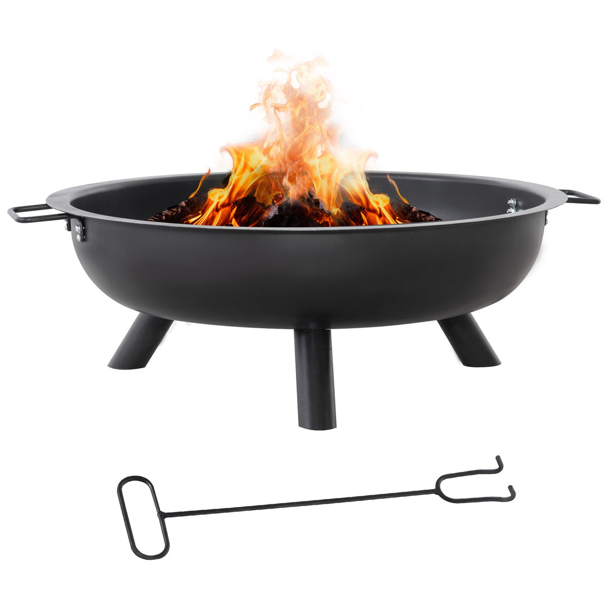 Fire Bowl With Poker, Round Fire Basket, Fire Pit For Garden, Camping, Bbq, Steel, Black, 79X69X25.5Cm