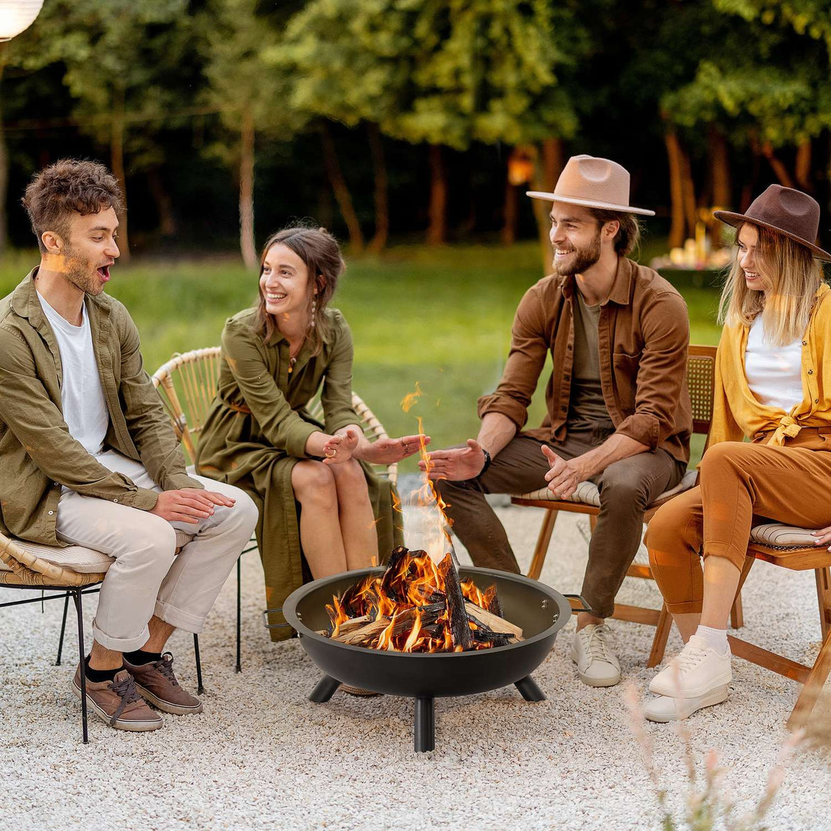 Fire Bowl With Poker, Round Fire Basket, Fire Pit For Garden, Camping, Bbq, Steel, Black, 79X69X25.5Cm
