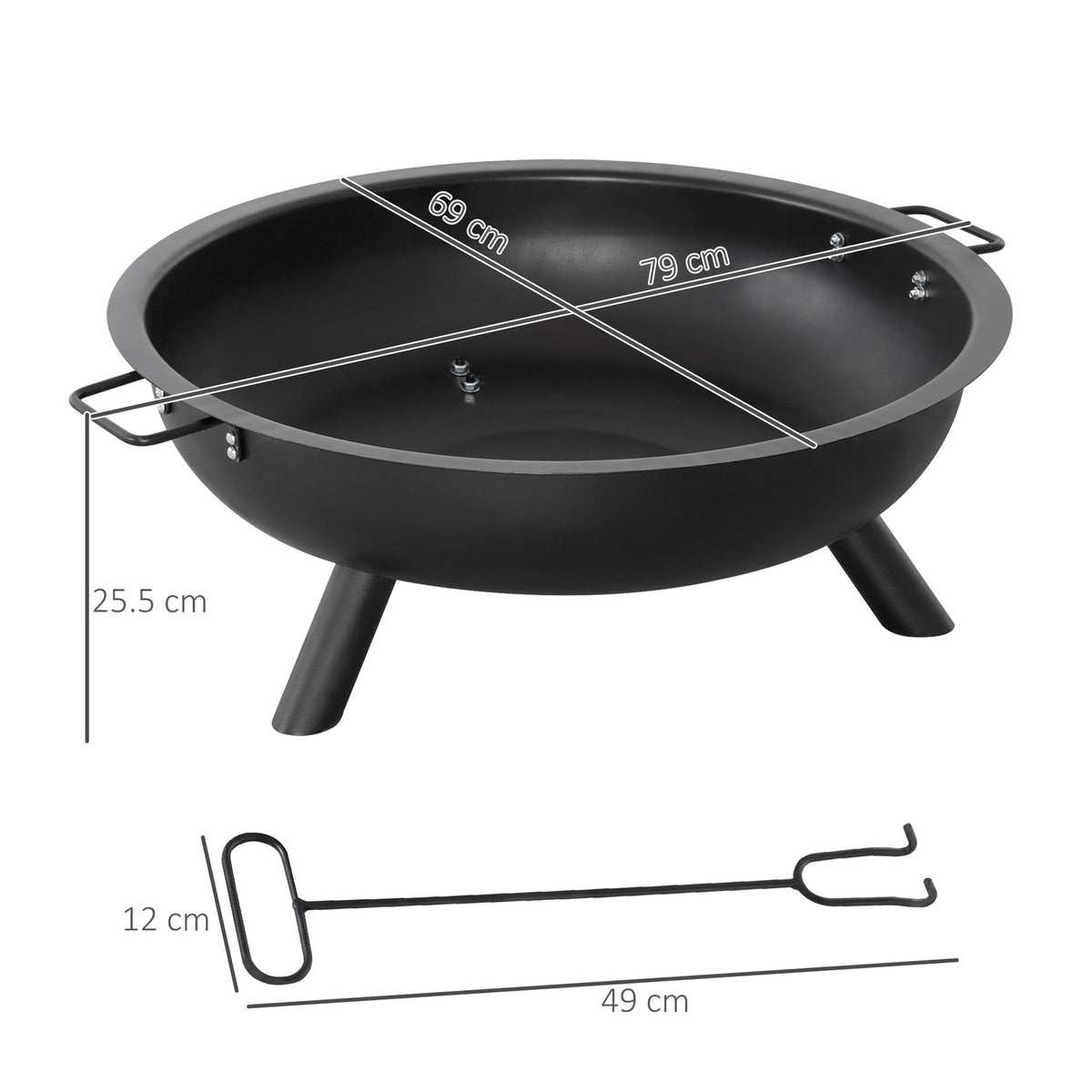 Fire Bowl With Poker, Round Fire Basket, Fire Pit For Garden, Camping, Bbq, Steel, Black, 79X69X25.5Cm
