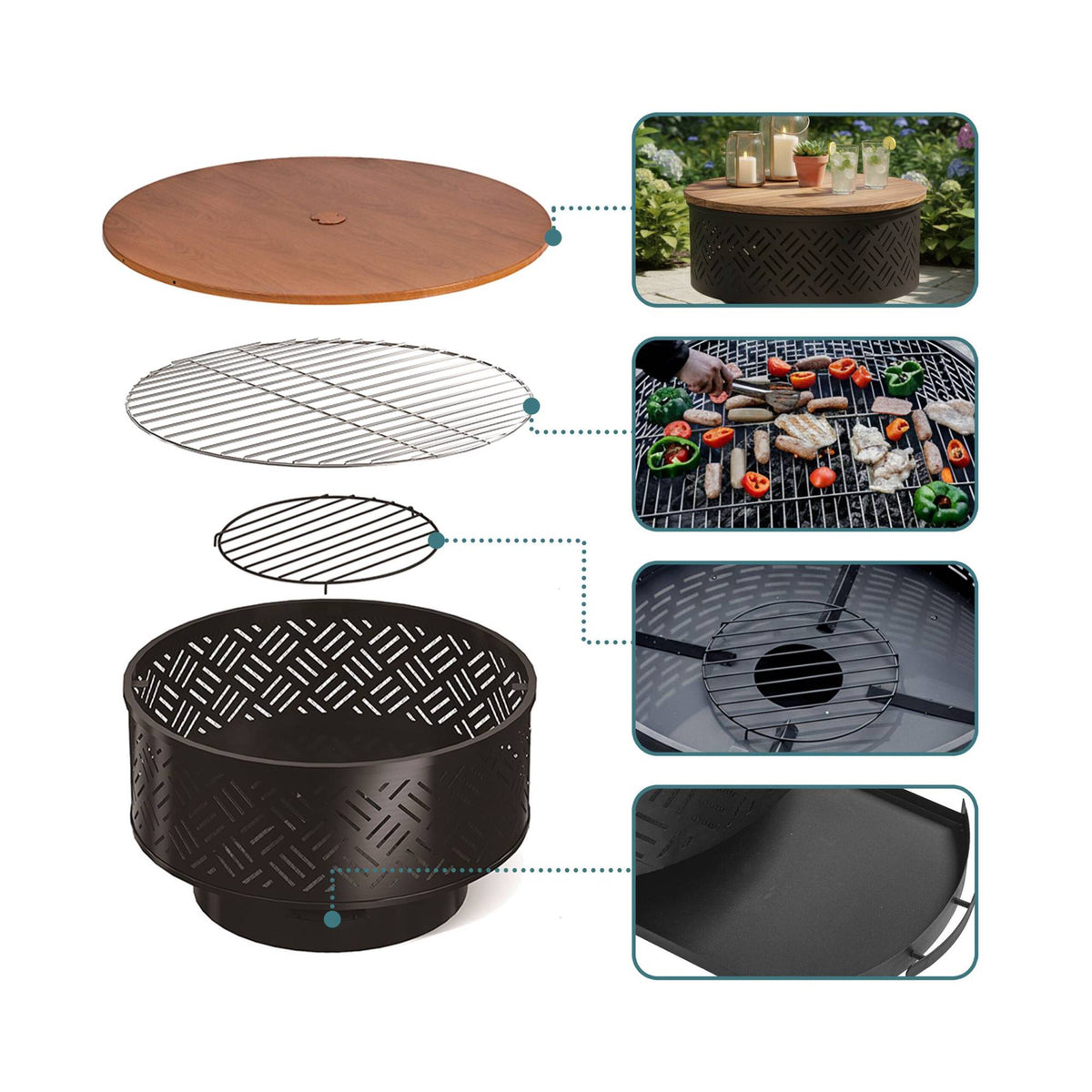 Fire Bowl with Lid & Grill – Black, Garden Use