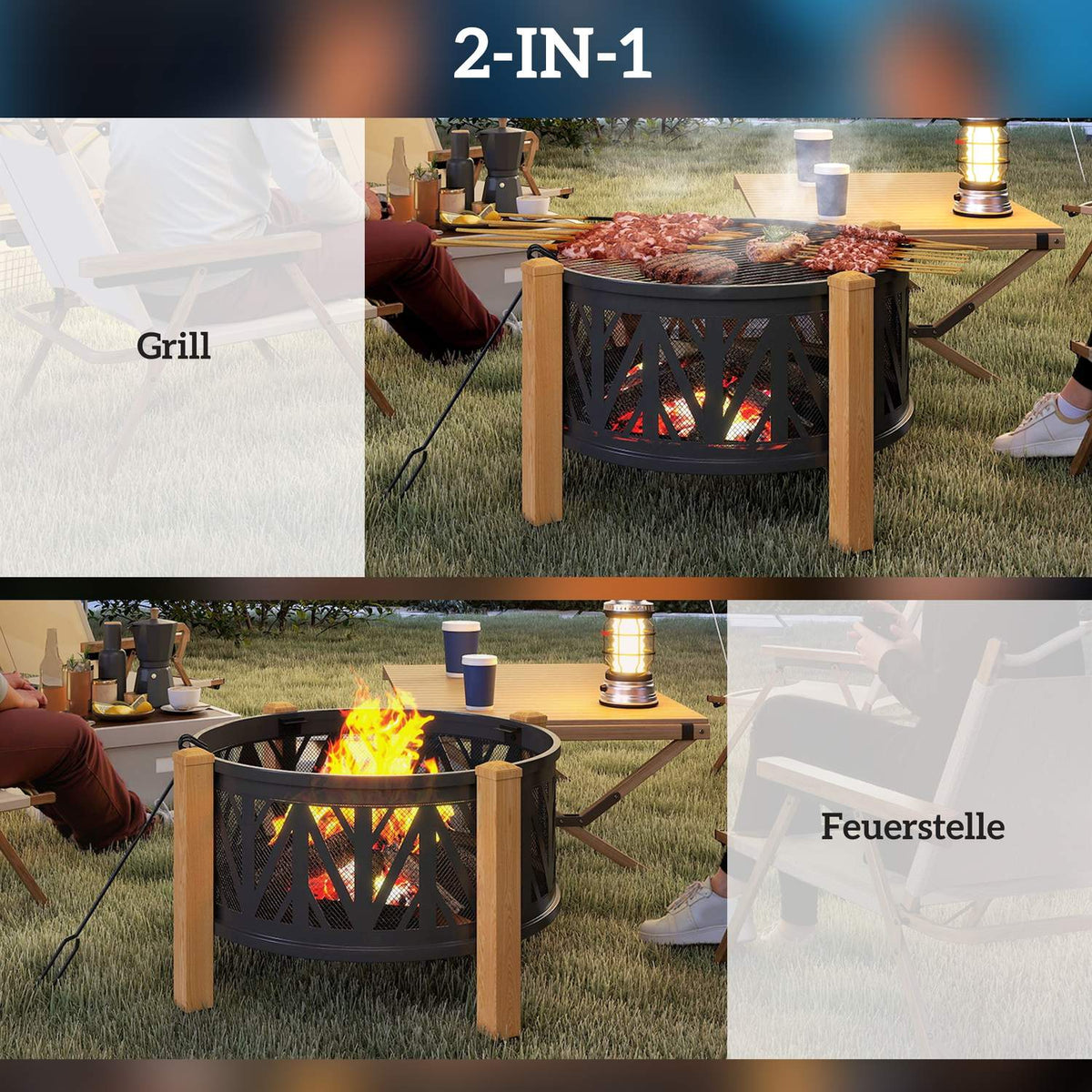 Fire Pit 2-in-1, 75x58 cm, Spark Guard, Grill Grate