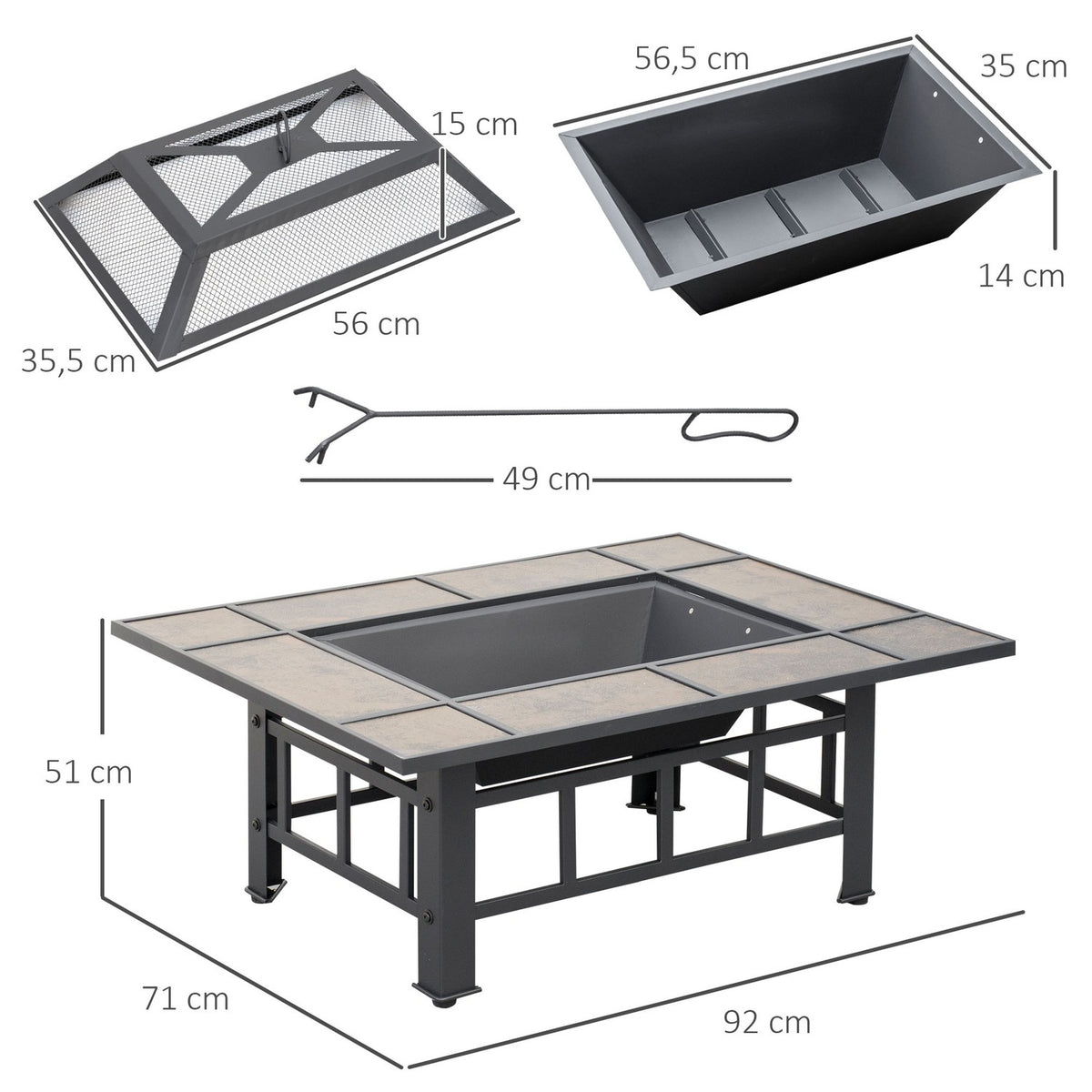 Fire Pit Fire Bowl Steel Brown+Black 92X71X51Cm Poker Spark Guard Waterproof Cover