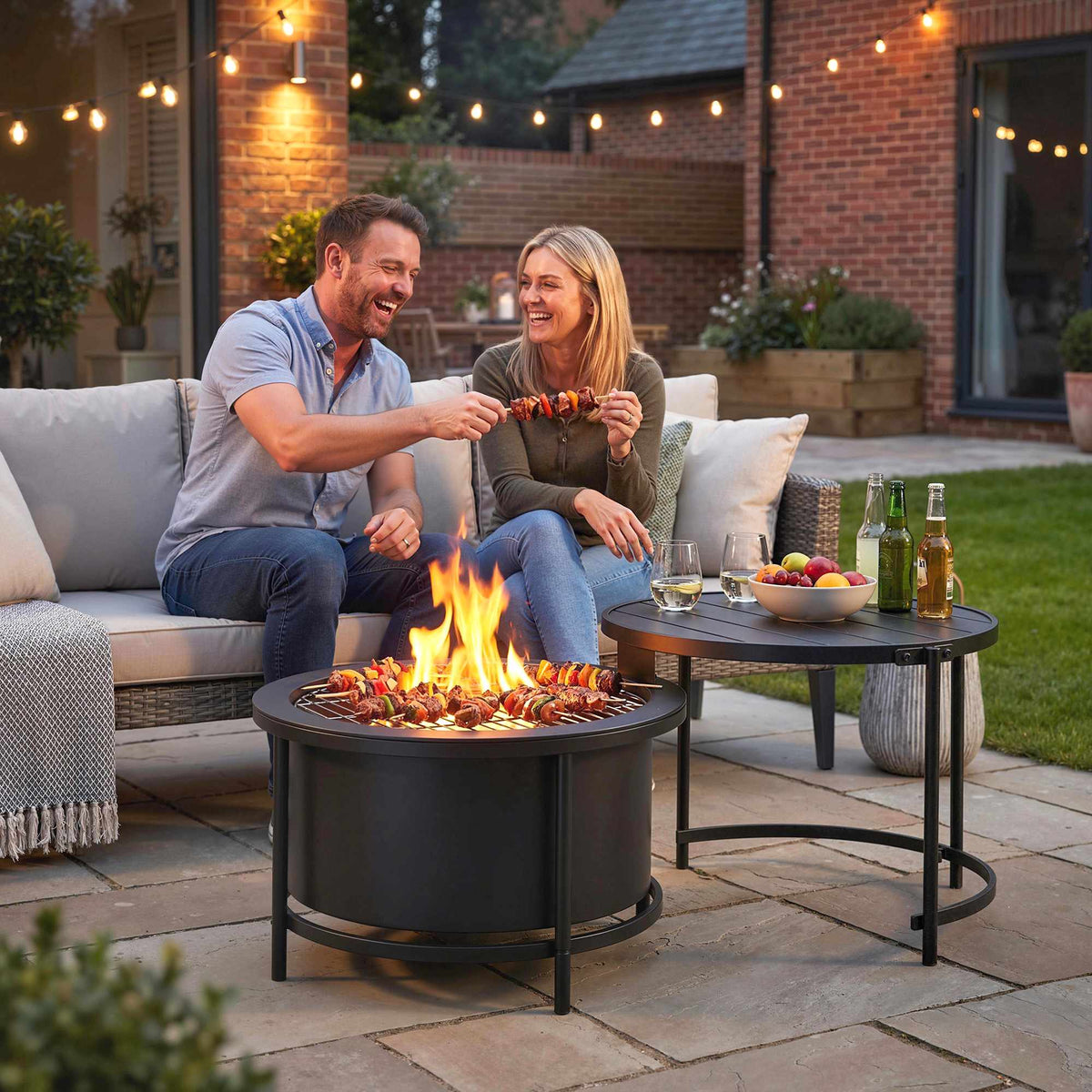 Fire Pit with 49 cm Grill, Black, 66 x 63 x 41 cm