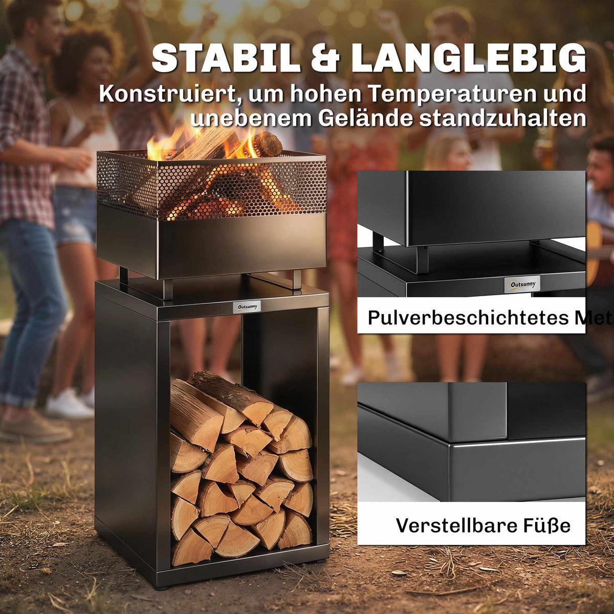 Fire Pit with Wood Storage, Adjustable Feet, 39x39x87 cm