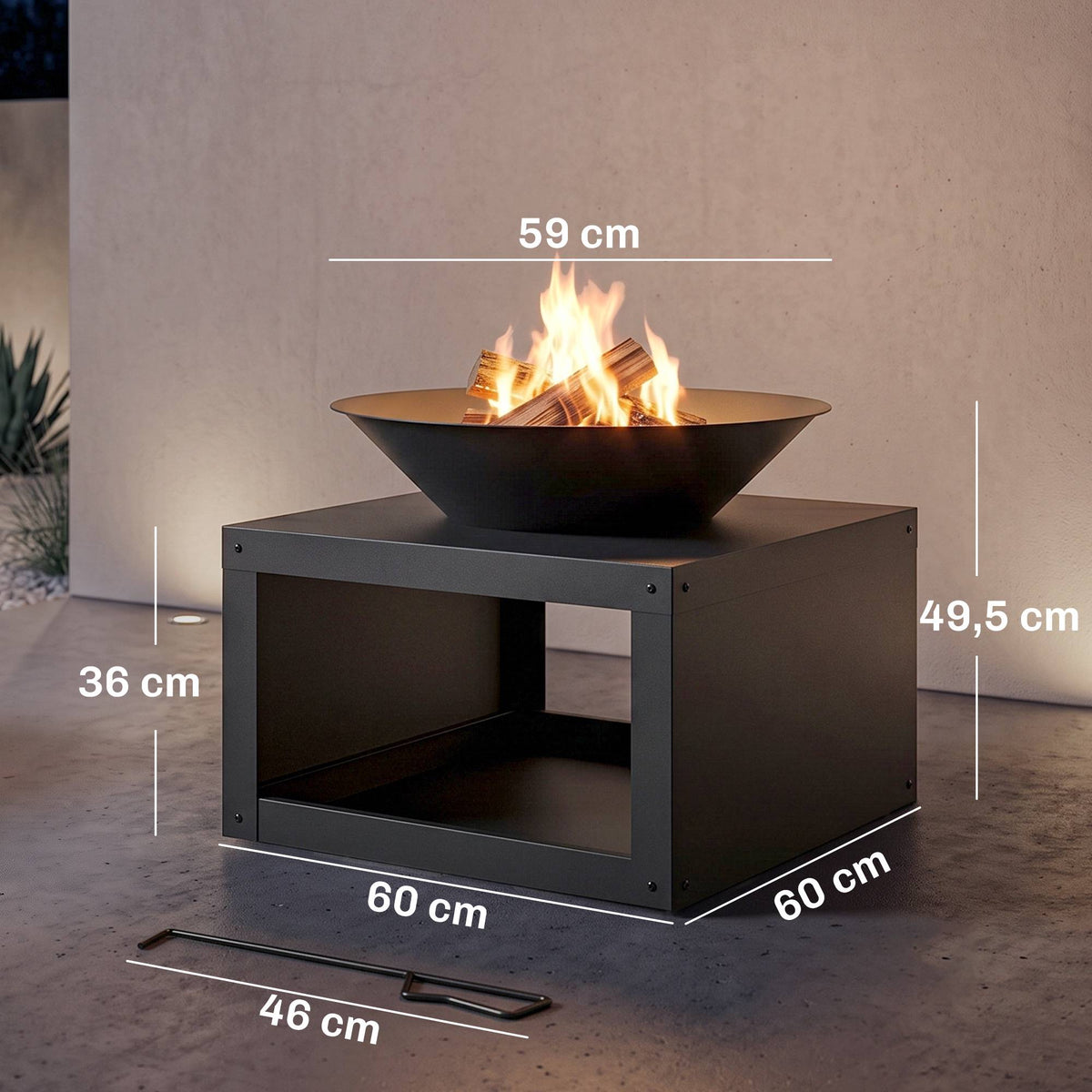 Fire Pit with Wood Storage, Metal, Black, Ø59 cm