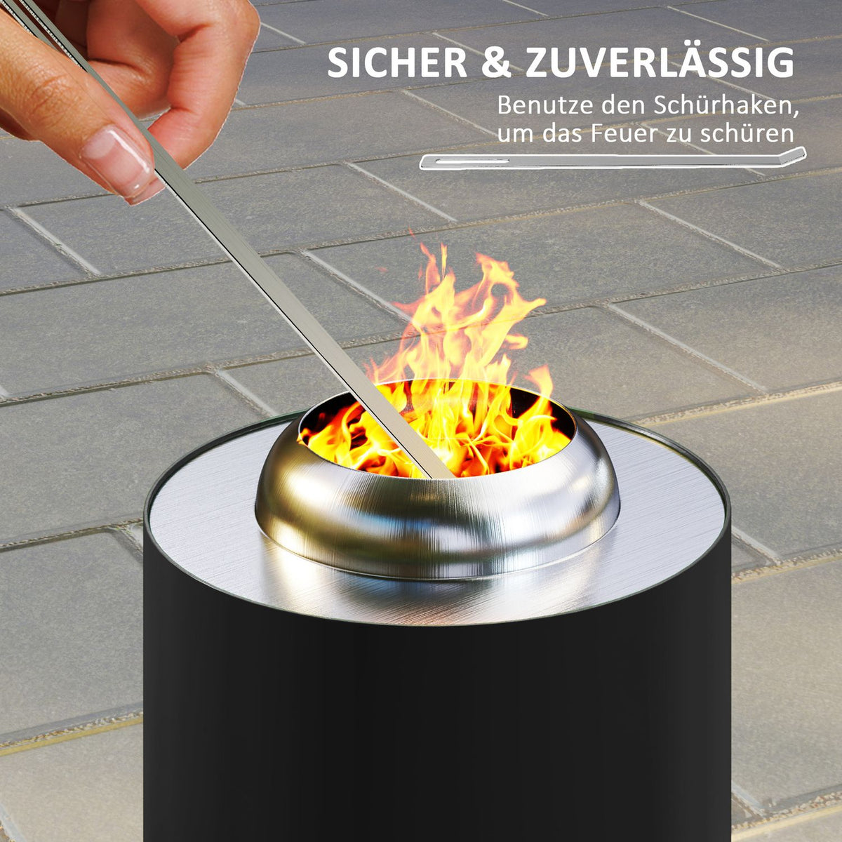 Fire bowl Ø16x25cm made of stainless steel fire pit with poker smokeless fire bowls fire basket for garden, balcony terrace, outdoor BBQ camping black