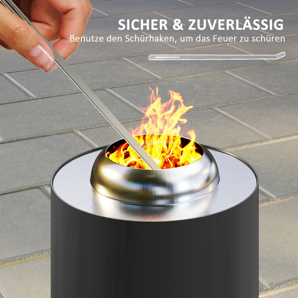 Fire bowl Ø16x25cm made of stainless steel fire pit with poker smokeless fire bowls fire basket for garden, balcony terrace, outdoor BBQ camping gray