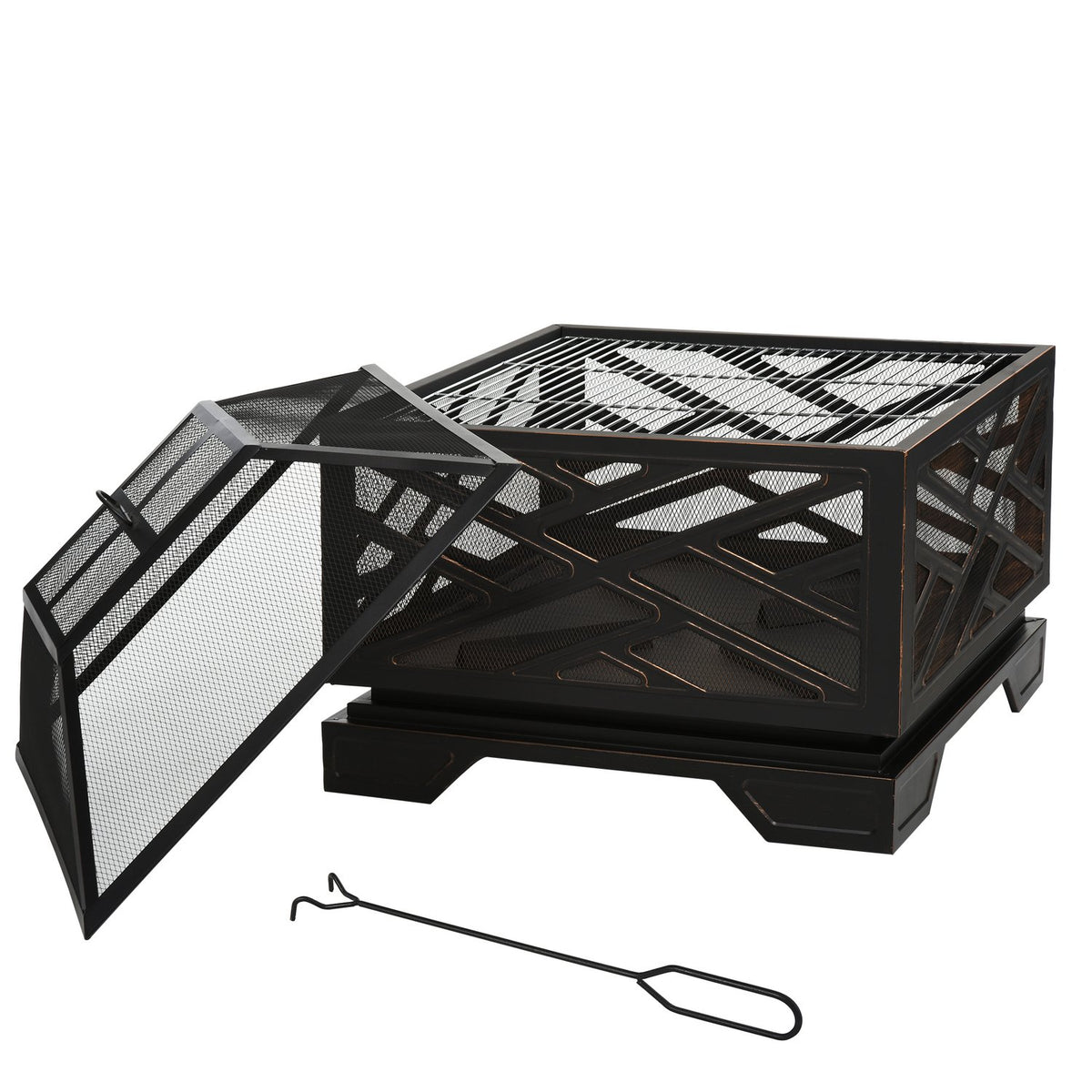Fire bowl with spark protection, fire basket with grill grate & poker, 2-in-1 BBQ grill, metal, black, 66x66x66cm