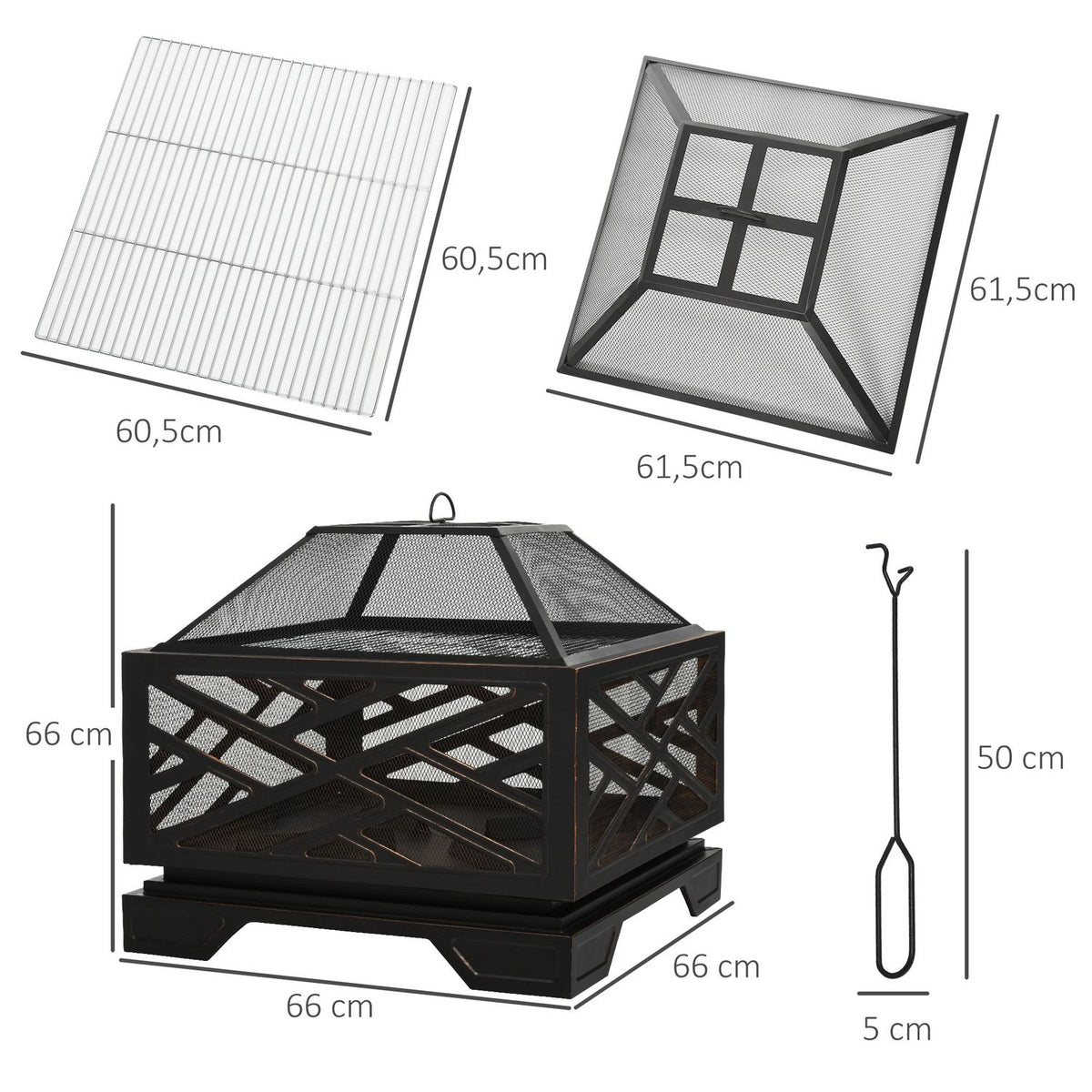 Fire bowl with spark protection, fire basket with grill grate & poker, 2-in-1 BBQ grill, metal, black, 66x66x66cm