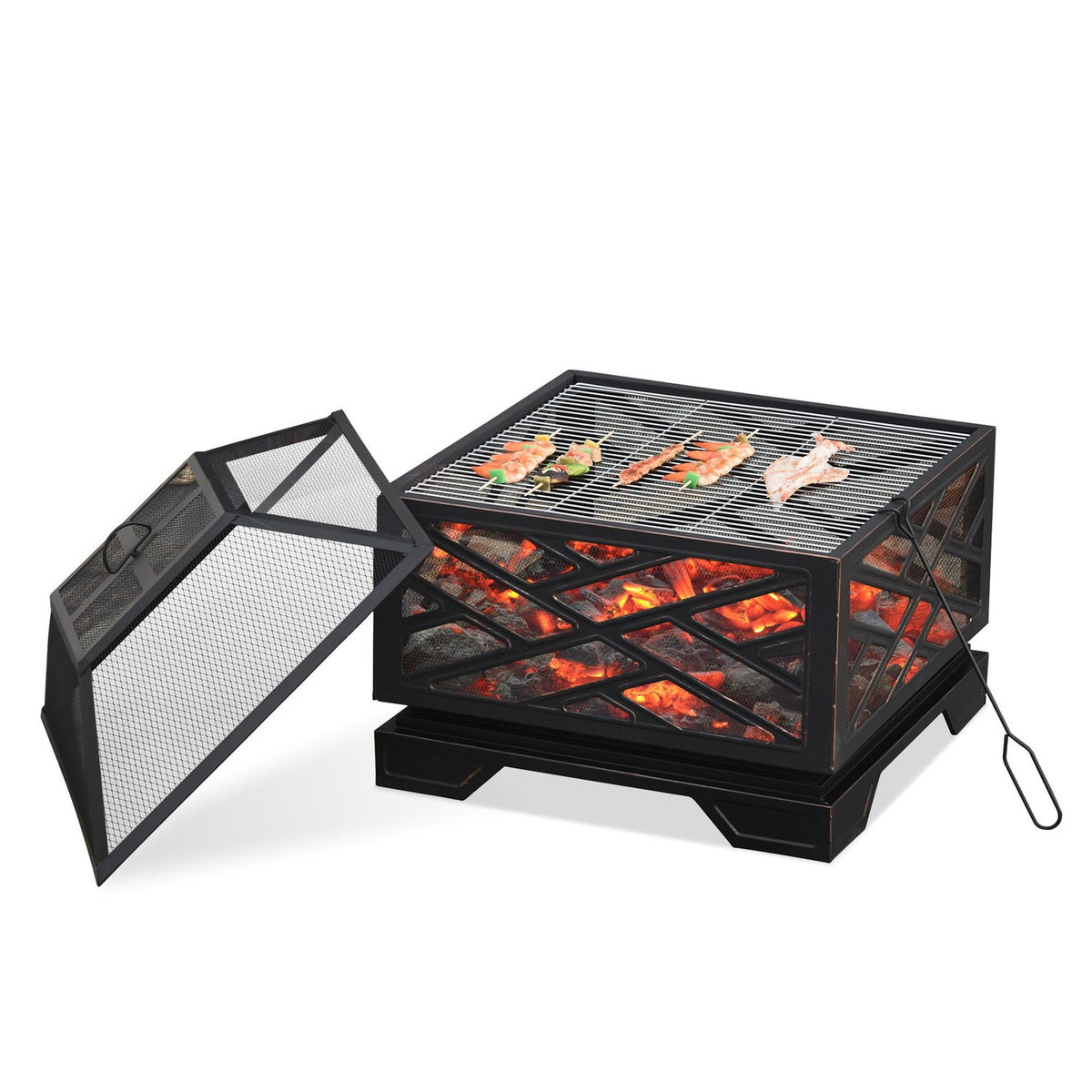 Fire bowl with spark protection, fire basket with grill grate & poker, 2-in-1 BBQ grill, metal, black, 66x66x66cm